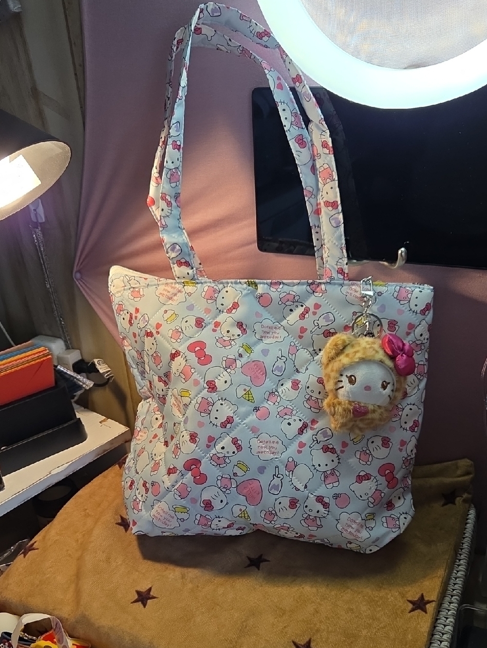 Hello Kitty White and Pink Printed Tote 13x10 with Plush Charm